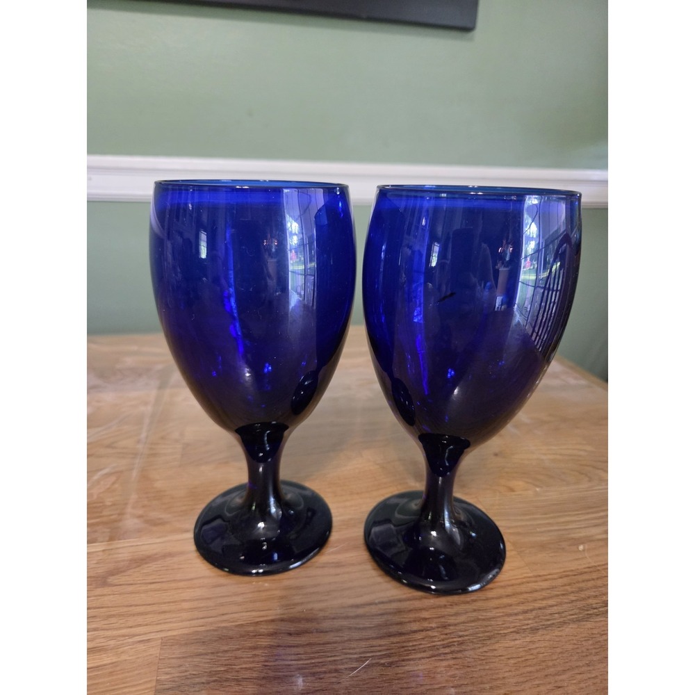 Vintage Libbey Cobalt Blue Water Wine Glasses Goblets Classic Set of 2